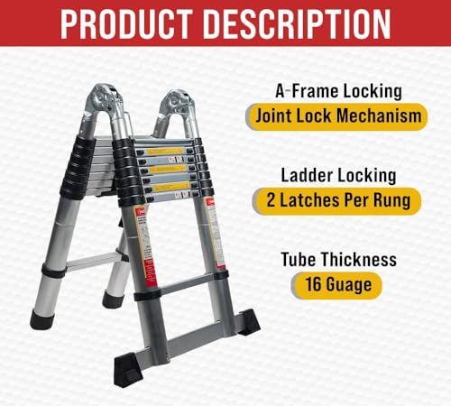 Mytee Products 16.5' Telescoping Ladder A Frame - Aluminum Extention Ladder w/Balance Bar, Carry Handle & Tool Tray - Folding Collapsible Ladder for Extend & Climb RV or for Household & Outdoor Work
