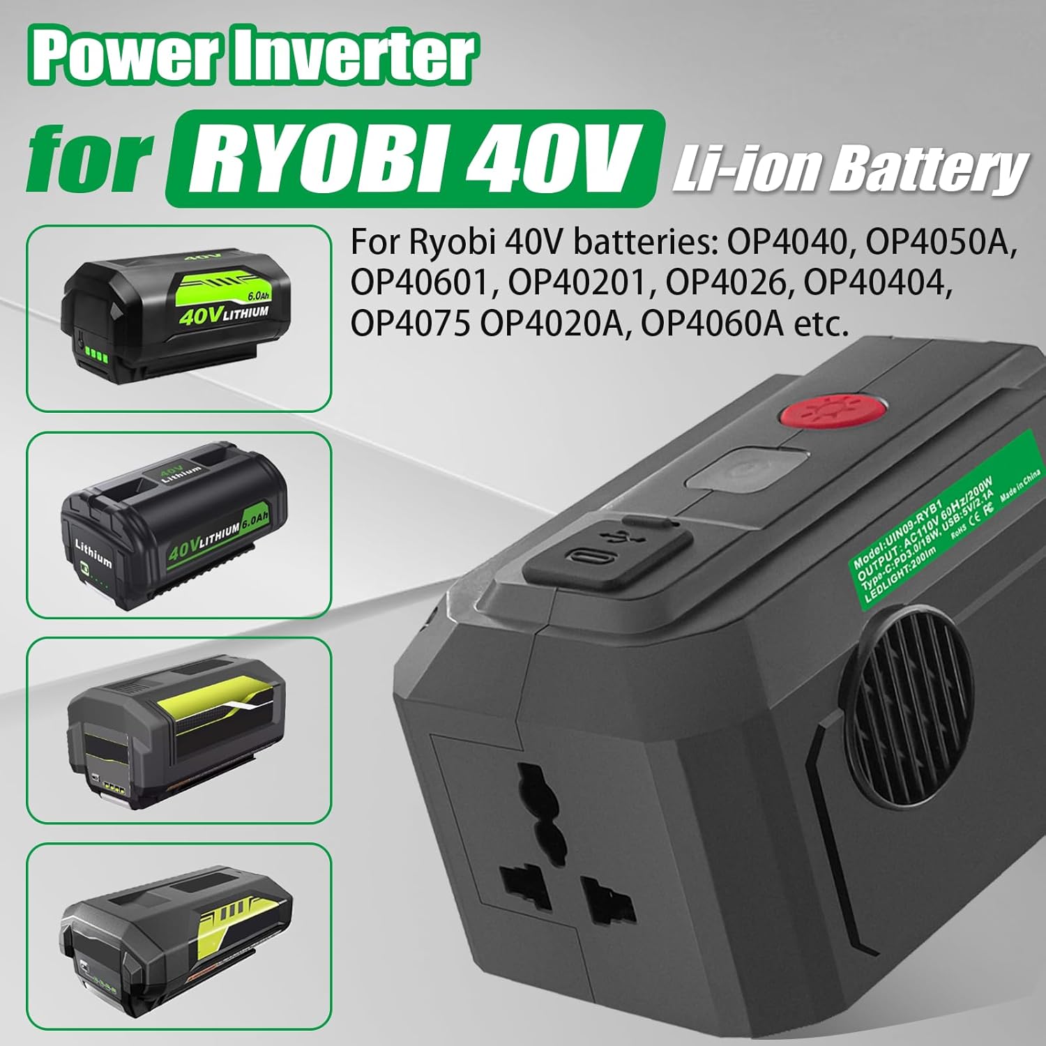 Power Inverter for Ryobi 40V Battery 200W DC 18V to AC 110V, Power Supply Inverter with USB Port & Type C PD3.0 Output Port & LED Lighting (Inverter only)