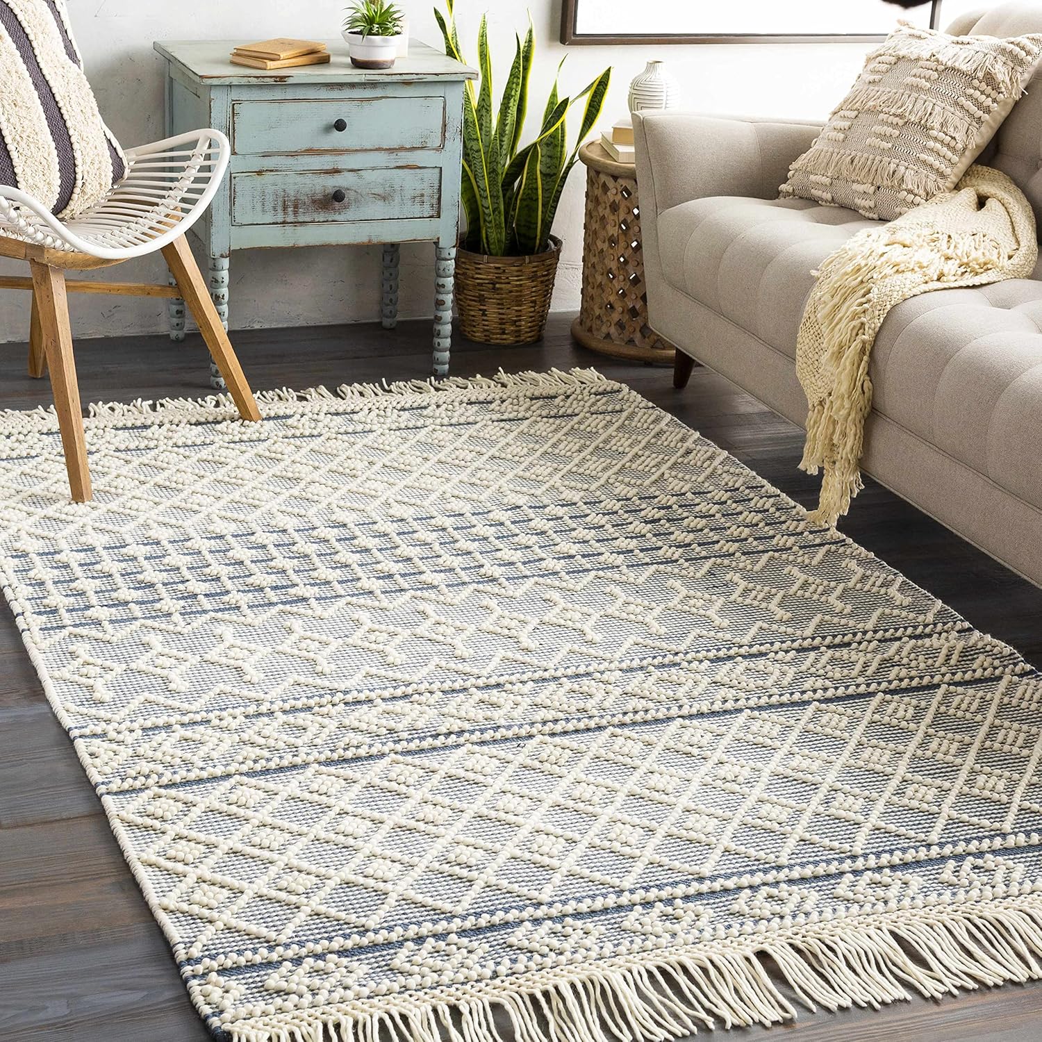 Hauteloom Morrow Wool Living Room, Bedroom Area Rug - Bohemian/Global - White, Blue - 8' x 10'