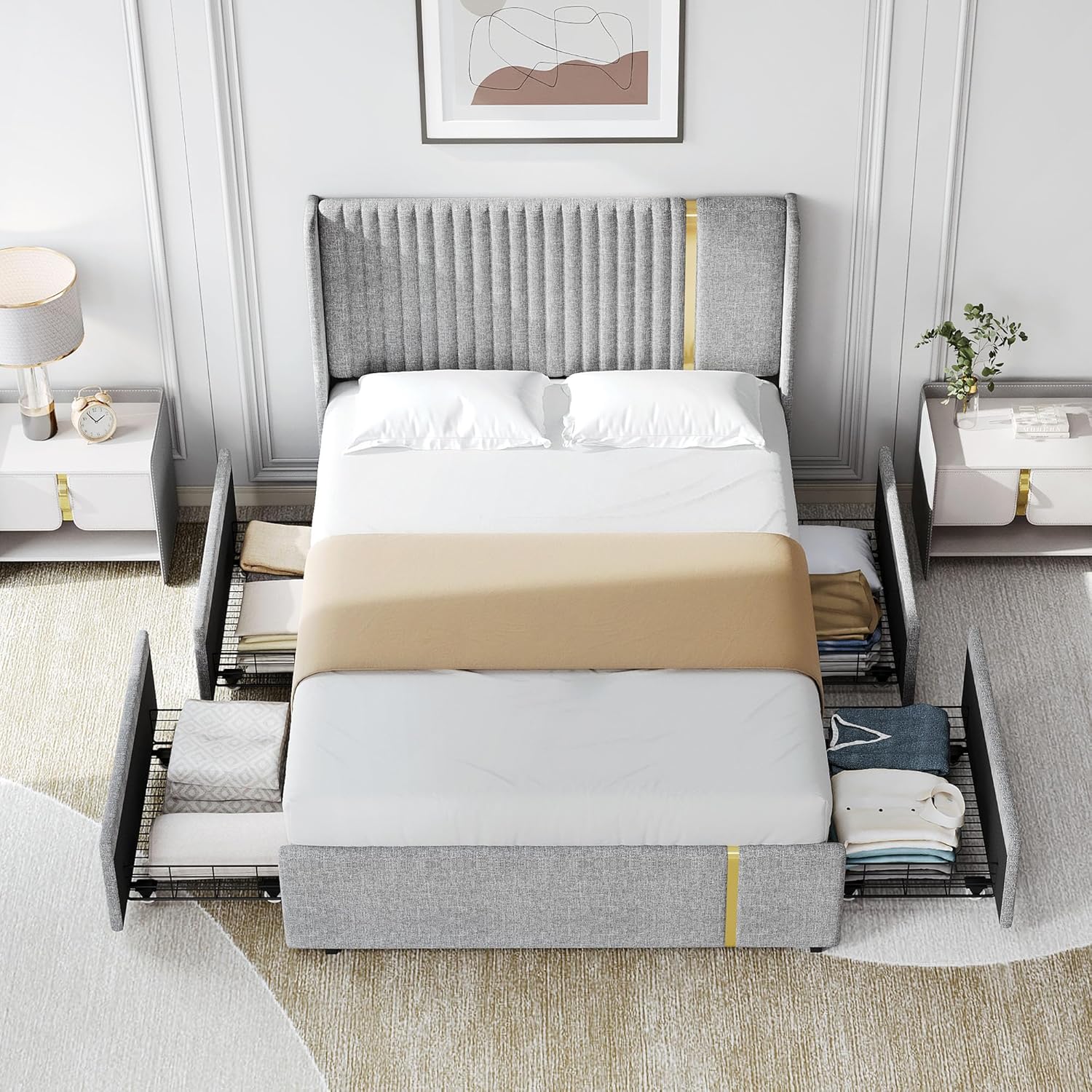 YITAHOME Full Size Bed Frame, Platform Upholstered Bed Frame with Drawers, Storage Metal Bed Frame with Headboard Wingback，Strong Wooden Slats, No Box Spring Needed, Fast Assembly, Gold and Grey