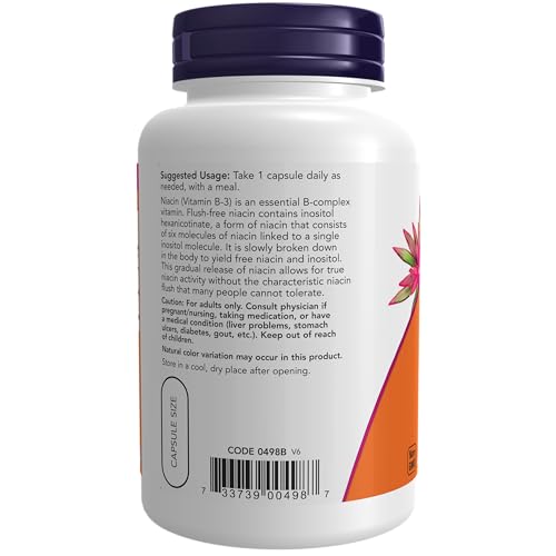 NOW Supplements, Niacin (Vitamin B-3) 500 mg, Flush-Free, Double Strength, Nutritional Health, 180 Veg Capsules