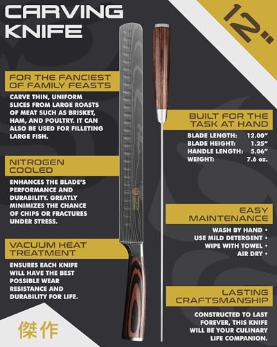 Carving Knife - 12 inch - Samurai Series - Razor Sharp - Granton Edge - Forged 7Cr17MoV High Carbon Stainless Steel - Wood Handle with Blade Guard
