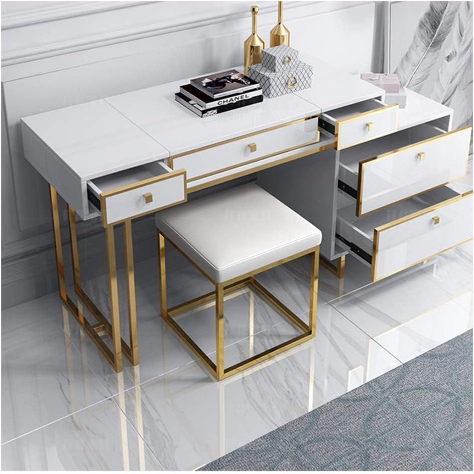 Vanity Table Set Wooden Make Up Table,Large Sliding Drawers Makeup Dressing Table with Cushioned Stool