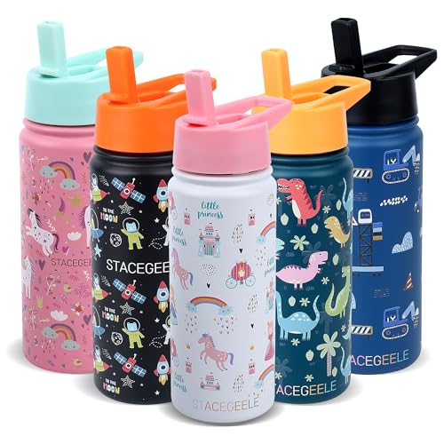 STACEGEELE Insulated Vacuum Water Bottle for Kids with Straw Lid Stainless Steel Flask Thermos for Boys and Girls Leak Proof Lightweight Eco Friendly 18oz(550ml),lavender