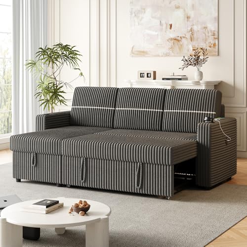 Corduroy Couch Bed with Storage Chaise,3 Seater Pull Out Sofa Bed with 2 Cup-Holder and USB Charge Port for Living Room, Home Apartment, Bedroom,85 Inches (Brown)