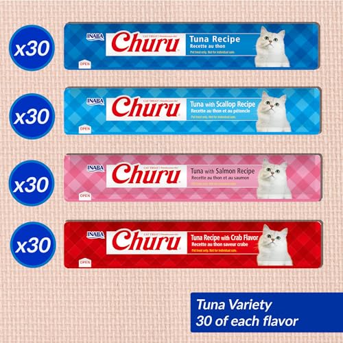 INABA Churu Cat Treats, Lickable, Squeezable Creamy Purée with Vitamin E, 0.5 Ounces per Tube, 120 Tubes Total, Tuna Variety