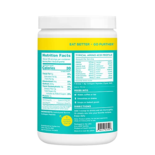 Further Food Unflavored Collagen Peptides Powder, Grass-Fed Pasture-Raised Hydrolyzed Type 1 & 3 Protein, Gut Health + Joint, Hair, Skin, Nails, Paleo Keto Sugar-Free 9.88 oz