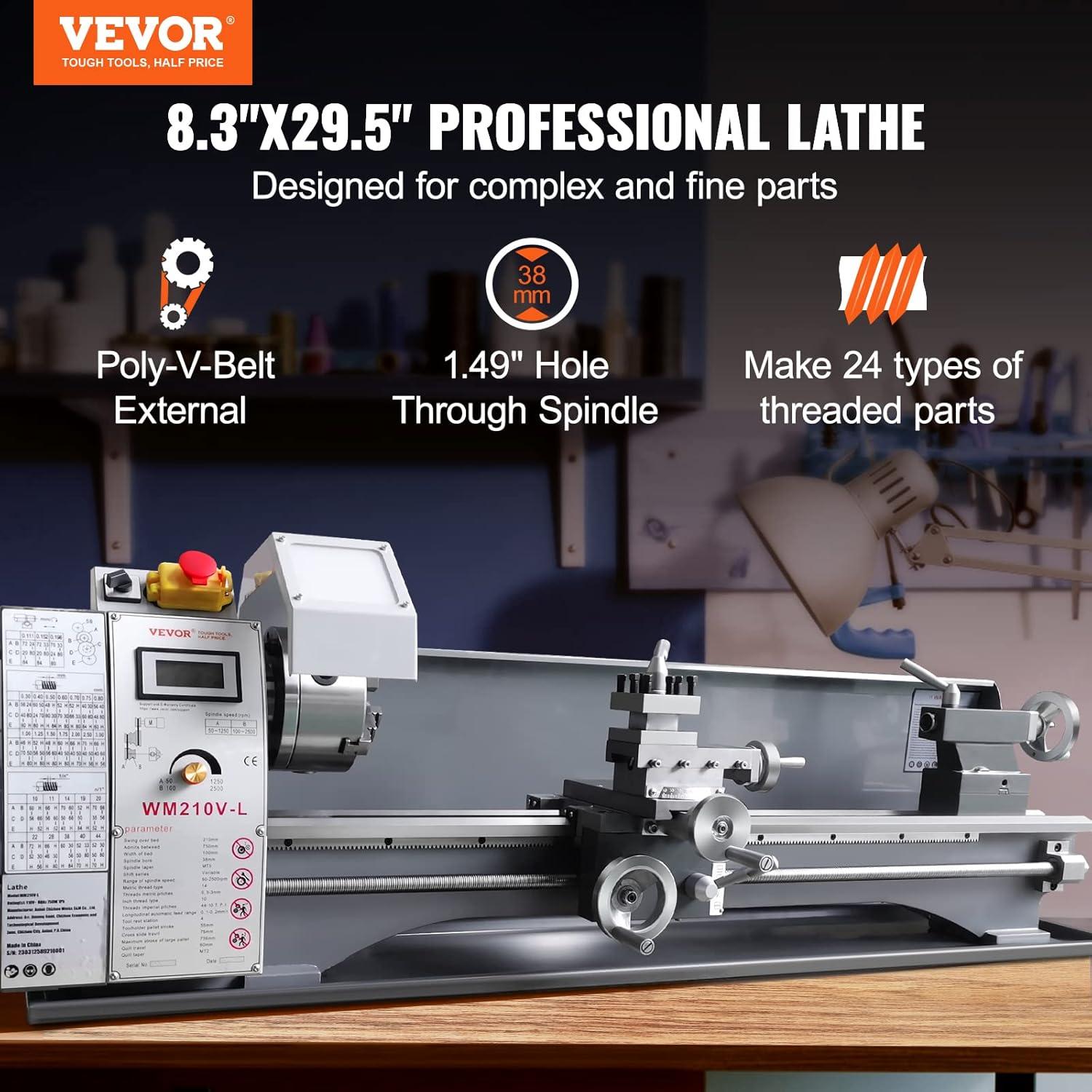 VEVOR Metal Lathe Machine, 8.3'' x 29.5'', Precision Benchtop Power Metal Lathe, 0-2500 RPM Continuously Variable Speed, 750W Brushless Motor Metal Gears, with Tool Box for Processing Precision Parts