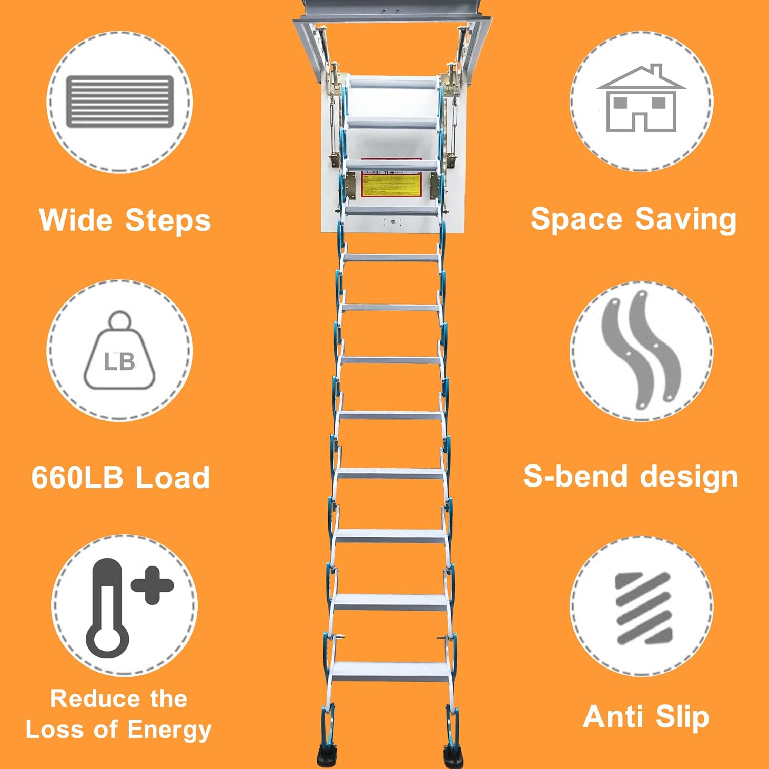 TECHTONGDA Attic Ladder 12 Steps Pull Down Attic Stairs, Folding Ladder Extension Loft Stair, Ceiling Mounted Retractable Loft Ladder, Carbon Steel Attic Access Ladder, 31.5 x 35.4 Inch, 9.8ft Height