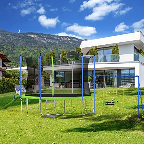 16 15 14 12 10 FT Trampoline Trampolines with Basketball Hoop,with Slide and Swings,Outdoor Trampoline with Safety Enclosure Net and Ladder, Spring Pad Premium Jump Mat for Kids and Adults