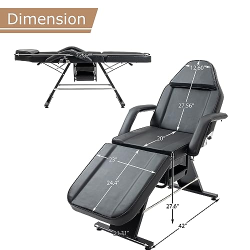 Massage Salon Tattoo Chair with Two Trays Esthetician Bed with Hydraulic Stool Multi-Purpose 3-Section Facial Bed Table Adjustable Beauty Barber Spa Beauty Equipment Black