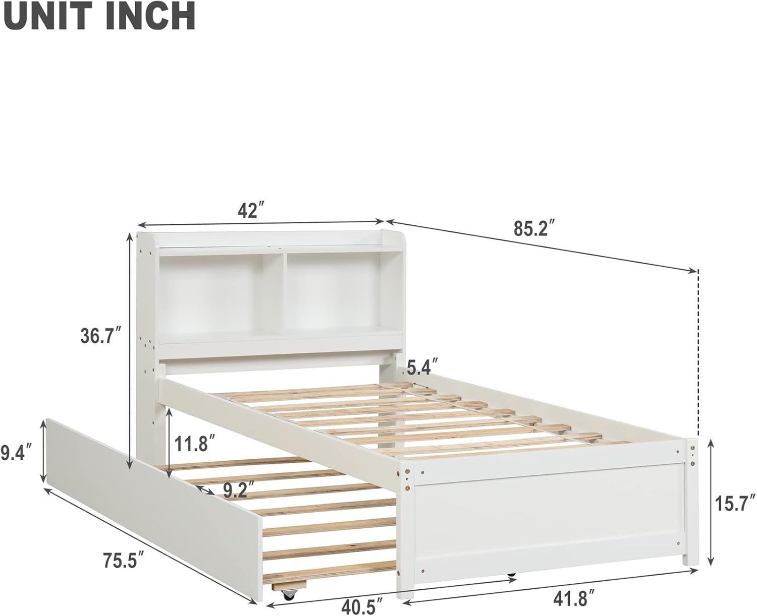 Bellemave Twin Bed with Trundle and Bookcase Headboard Wood Platform Beds with Storage and Slat Support for Kids Boys Girls Teens, White