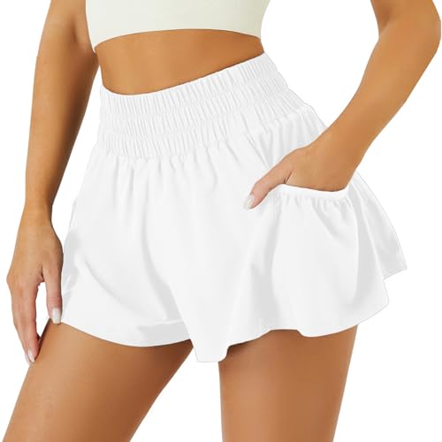 FireSwan Athletic Shorts for Women High Waisted Elastic Running Shorts Gym Workout Flowy Shorts with Pockets