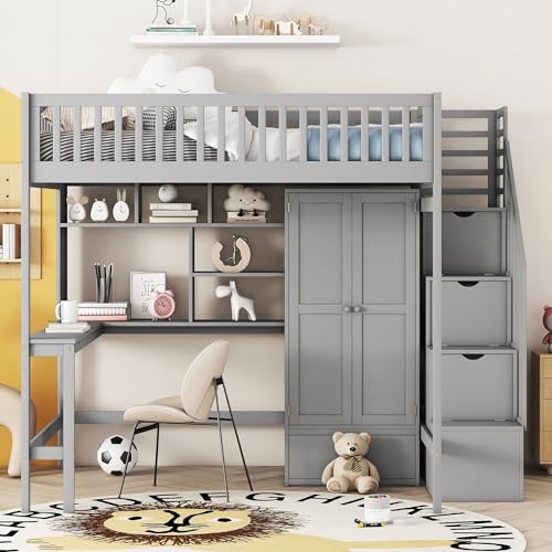 Quarte Elegant Twin Size Loft Bed with Desk, Shelves and Wardrobe, Wooden Multifunctional Bedroom Furniture for Kids Teens Adults (White/Big, Twin)