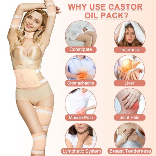 Castor Oil Pack Wrap - Organic Cotton Castor Oil Wrap Stomach Castor Oil Pack for Liver Detox Reusable Thyroid Castor Oil Neck Wraps (Khaki Castor Oil Pack Kit 6PCS)