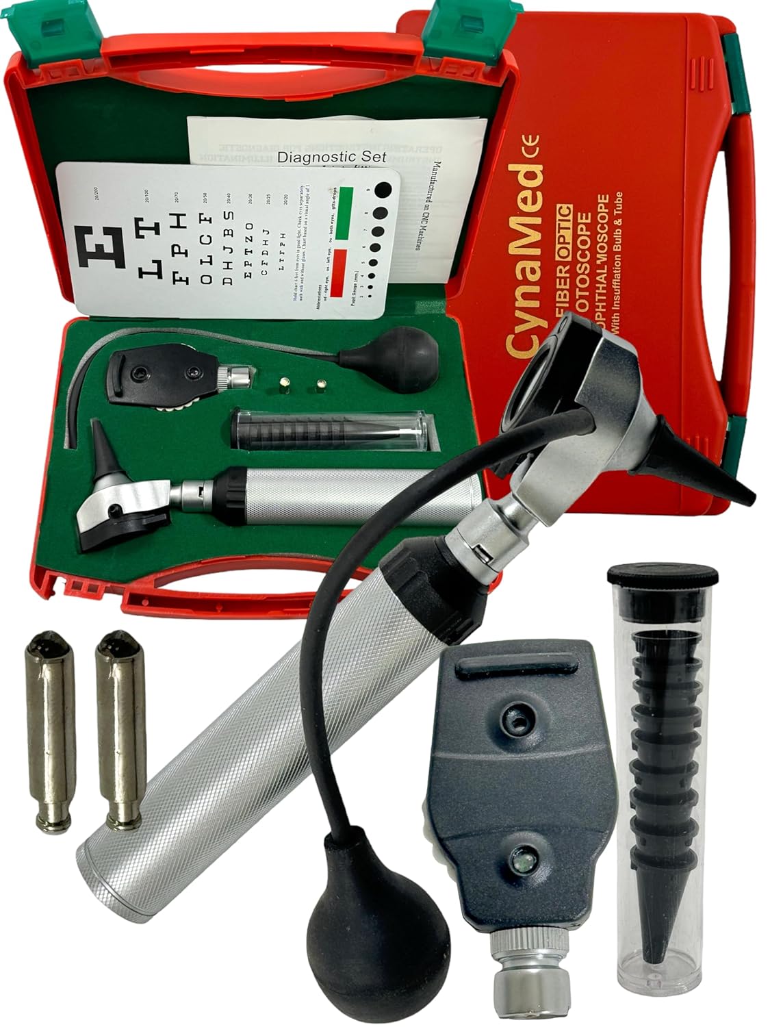 Cynamed -Otoscope Opth Set- Diagnostic Otoscope with Insufflator Bulb and tube -Nursing Students Otoscope/Opth Ear Nose Eye Diagnostic set with Carrying case