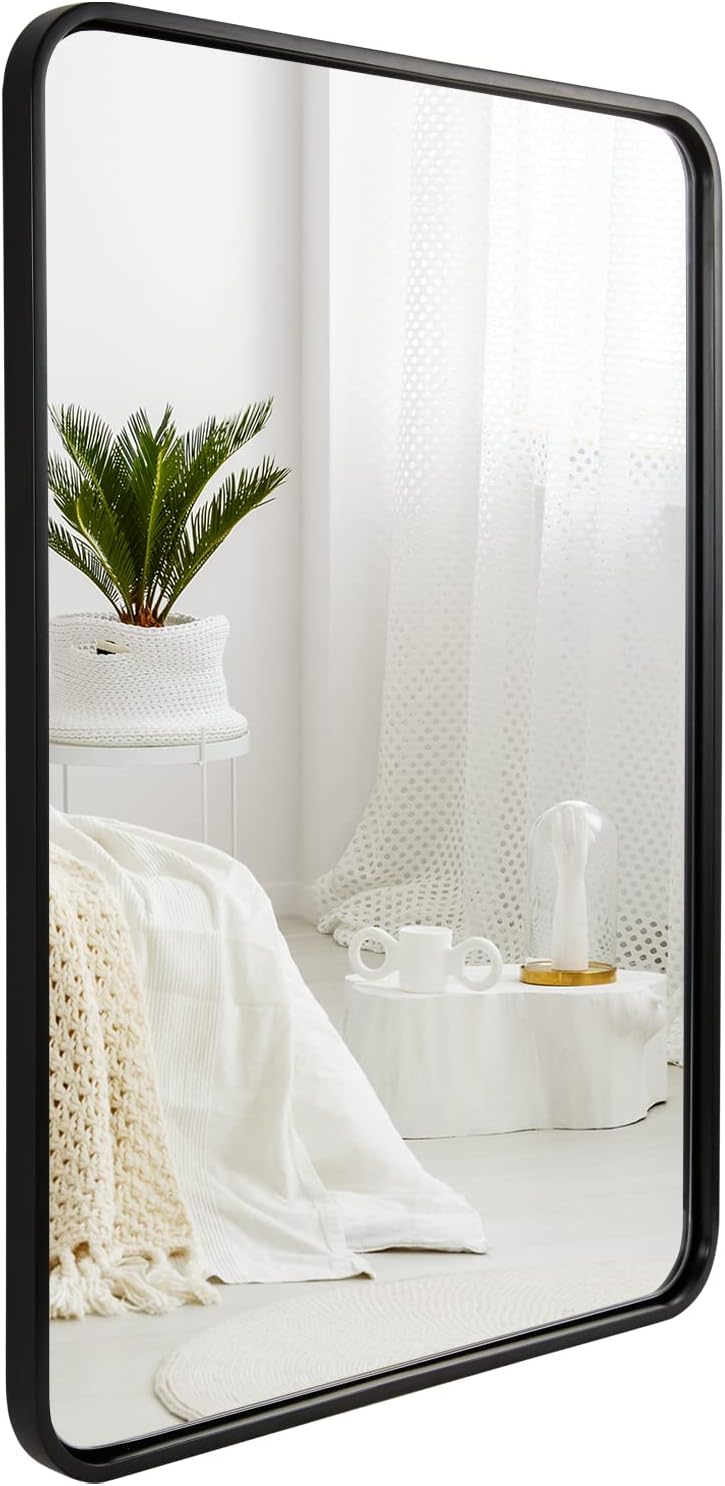 ANDY STAR Black Bathroom Mirror, 22x30 INCH Rounded Rectangle Mirror for Bathroom, Glossy BlackTube Metal Frame, 1’’ Deep Wall Mounted Vertical/Horizontal