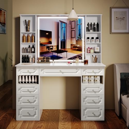 Vanity Desk with Mirror & Light,Makeup Vanity Table with Facial Mask Box,Vanity Table with Bluetooth Speaker,Dressing Table with 9Drawers & 8 Cabinets, Makeup Table with Wireless Charger,White