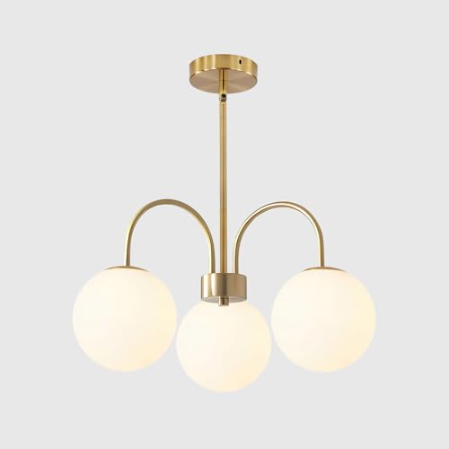 BOKT Mid Century Modern Gold Chandelier Large 5 Light White Globe Sputnik Chandelier Height Adjustable Milk Glass Hanging Pendant Lights Kitchen Island Vintage Dining Room Brass Ball Chandelier