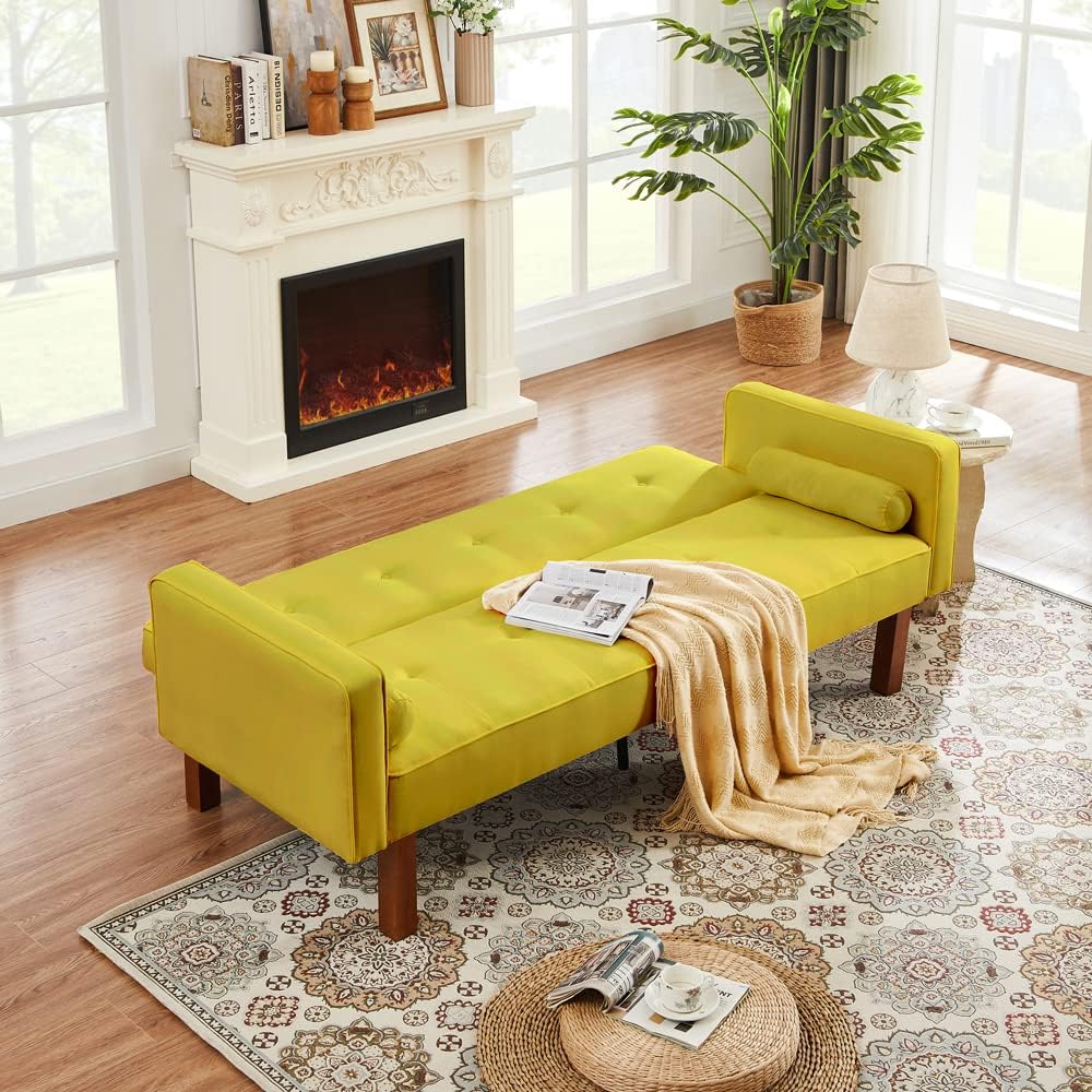 Fabric Sofa Bed Futon,Convertible Sleeper Loveseat with 2 Pillows and Armrests,75