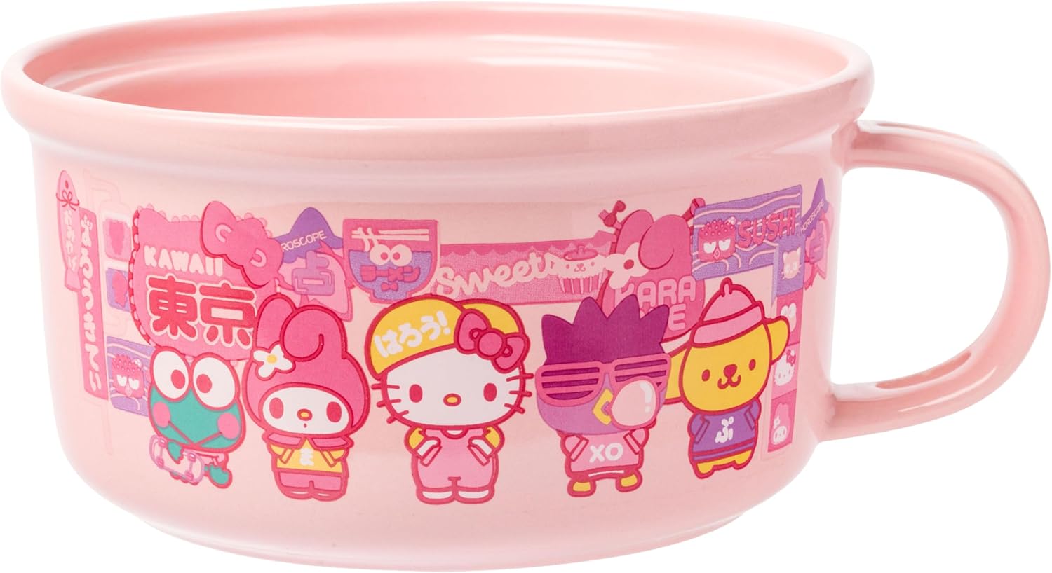 Silver Buffalo Sanrio Hello Kitty and Friends Featuring Keroppi, My Melody, Badtz-Maru, and Pompompurin Soup Mug and Bowl Lid with Spoon and Chopsticks, 13 Ounce Bowl Lid, 22 Ounce Soup Mug