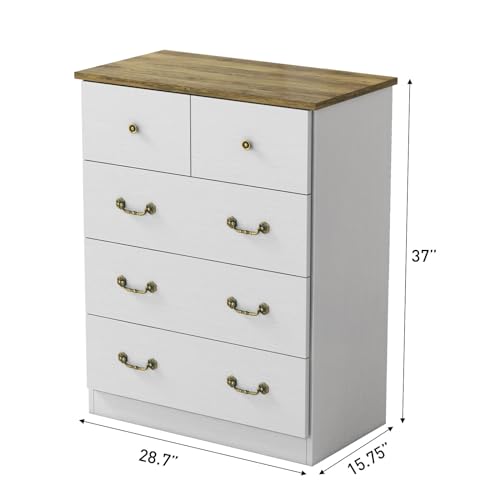 Bonzy Home 5 Drawer Dresser for Bedroom, Retro Chests of Drawers with Metal Handle, 37