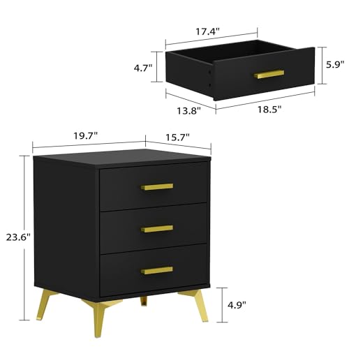 MOUMON Modern Nightstand with Drawer and Open Shelf, Tiny Bedside Table End Table, Contemporary Style, Gold Metal Legs, for Bedroom Living Room Espresso (19.5”W x 15.6”D x 20”H)