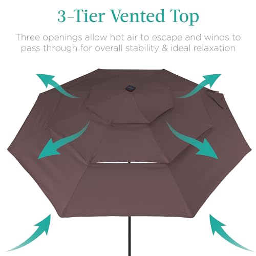 Best Choice Products 10ft 3-Tier Solar Patio Umbrella, Outdoor Market Sun Shade for Backyard, Deck, Poolside w/ 24 LED Lights, Tilt Adjustment, Easy Crank, 8 Ribs - Burgundy
