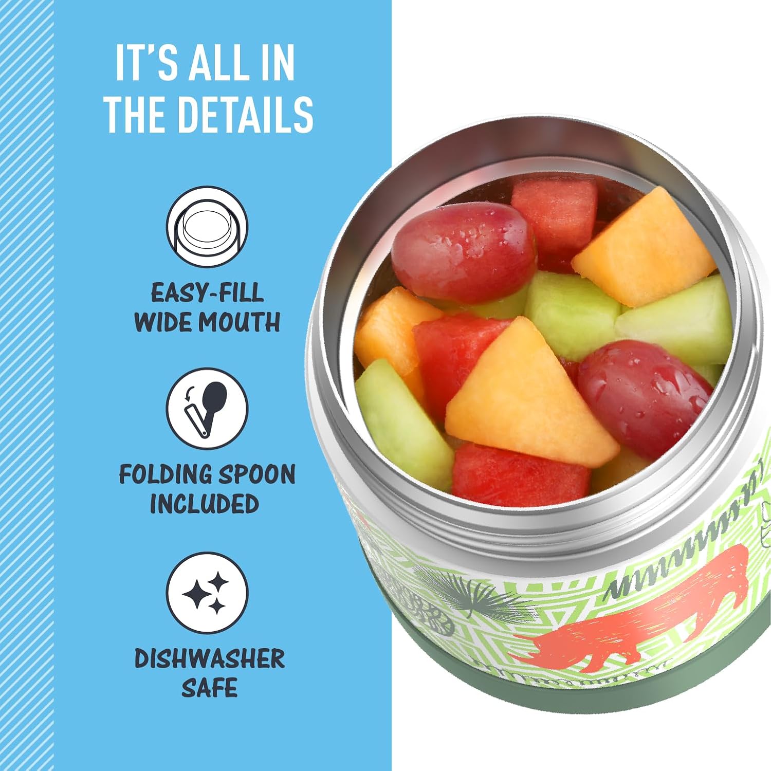THERMOS FUNTAINER Insulated Food Jar – 10 Ounce, Jungle Kingdom – Kid Friendly Thermos Food Jar with Foldable Spoon