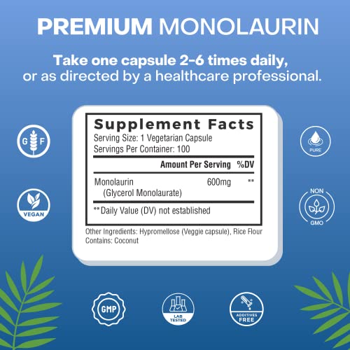 Premium Monolaurin 1,200mg per serving (2 Pack (200 Capsules))