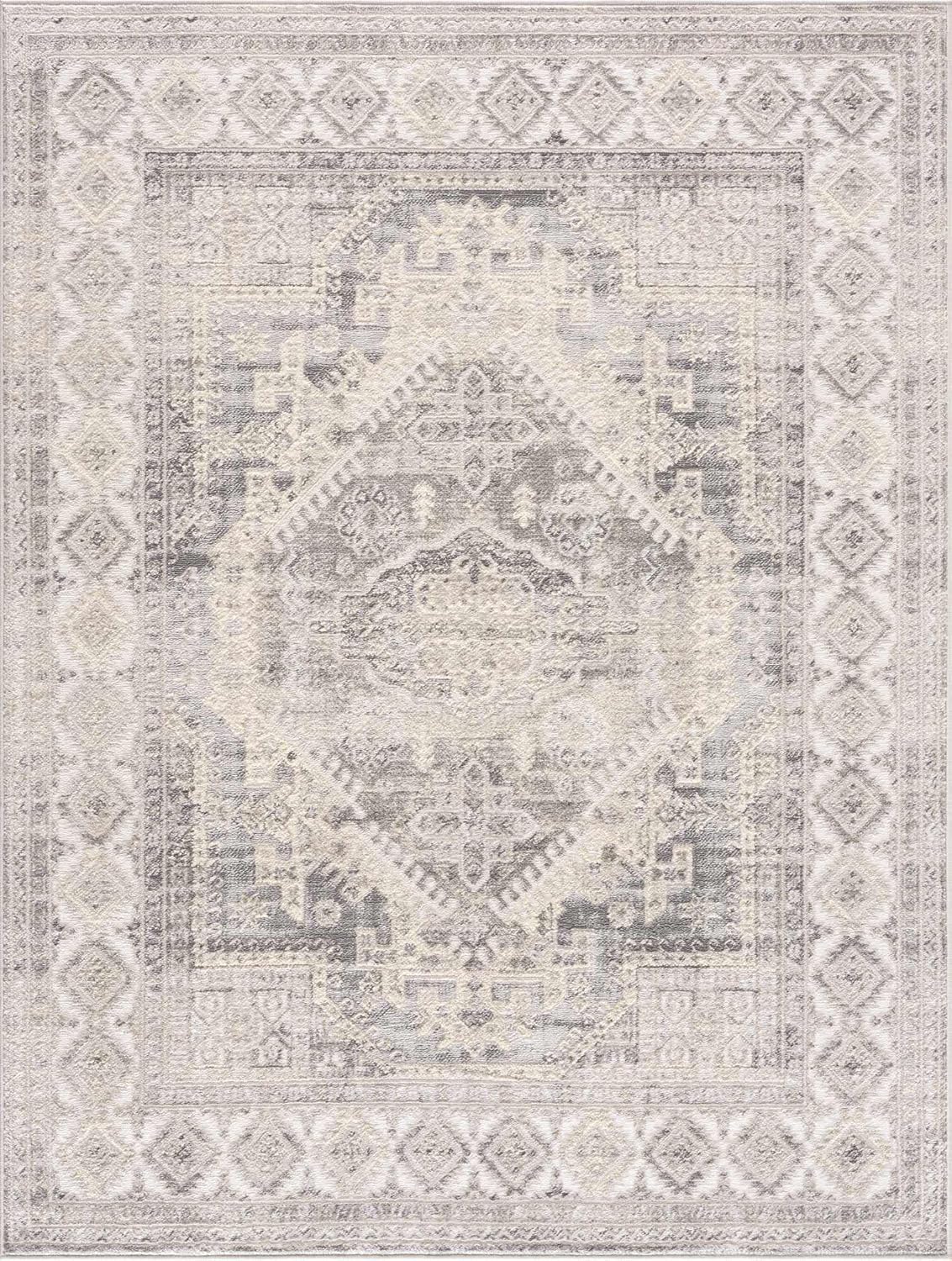 Hauteloom Brend Living Room, Bedroom Area Rug - Oriental Bohemian Vintage Carpet - Gray, Silver, Cream - 5'3
