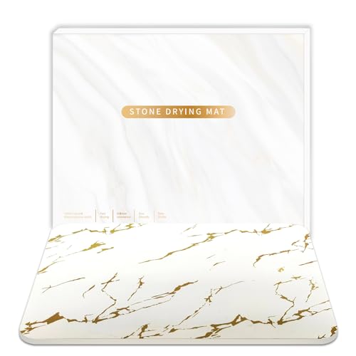 Stone Drying Mat for Kitchen Counter, Natural Environmentally Super Absorbent Diatomite Stone Tableware Drying Mat, Non-slip and Heat-Resistant, Widely Used(16x12 Inch Gold Striped-Marble)