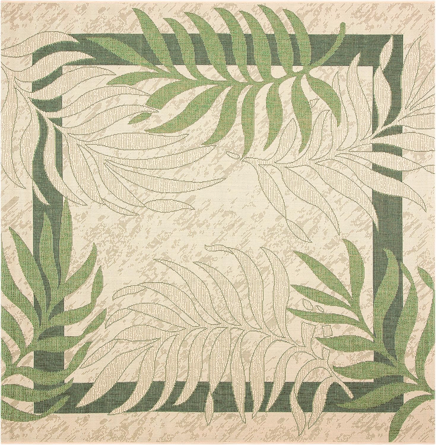 SAFAVIEH Courtyard Collection 4' Square Cream / Green CY7836 Indoor/ Outdoor Waterproof Easy--Cleaning Patio Backyard Mudroom Accent--Rug