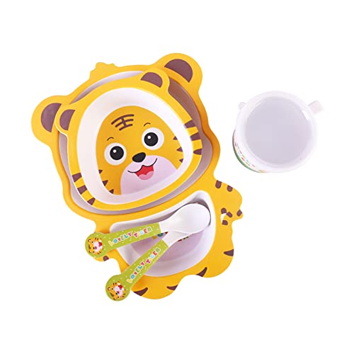 Bamboo Kids Dinnerware Set 5 Pcs Includes Plate Bowl Cup Fork Spoon Perfect for Kids BPA-Free (Chicken)