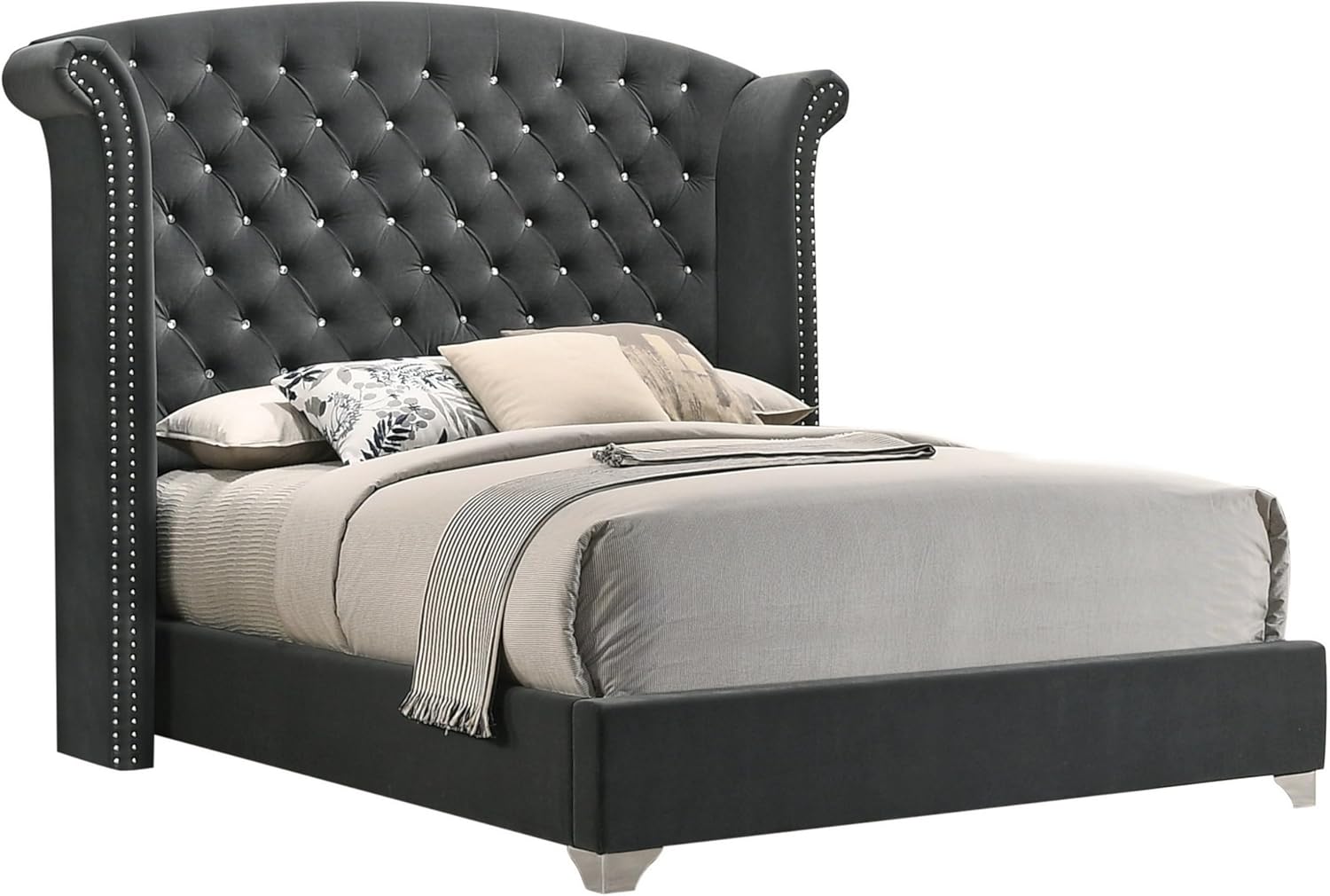 Benjara BM302871 Velvet Upholstery Tufted Headboard Giya Wingback King Size Bed Chrome Nailed Gray & Nickel