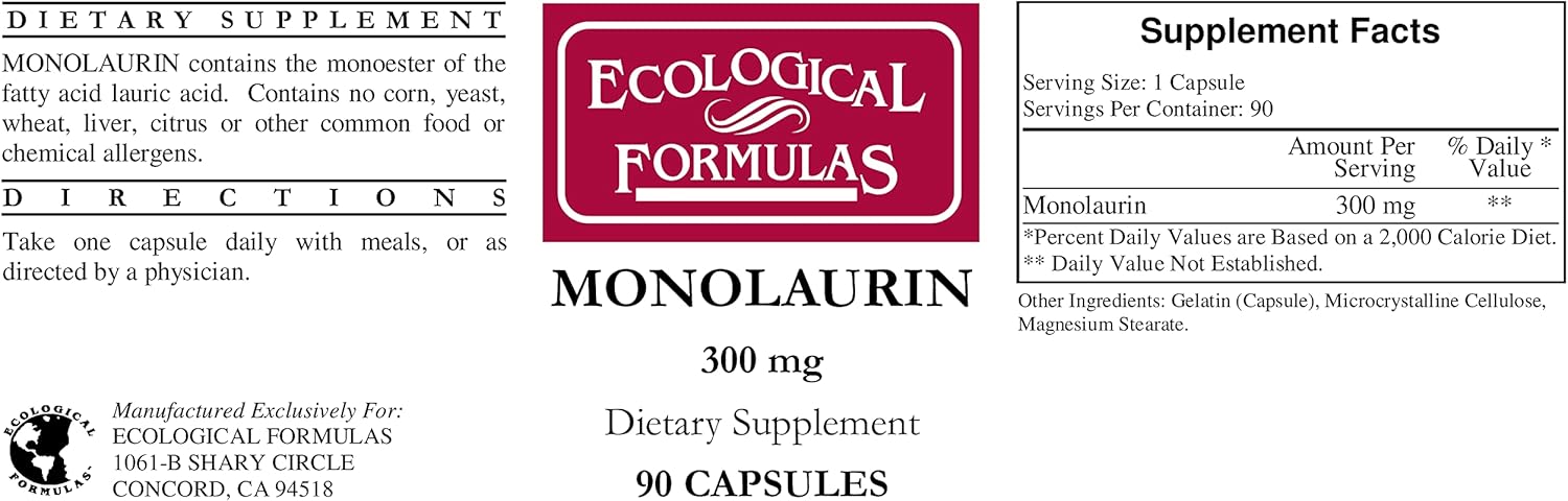 Ecological Formulas Monolaurin 300 mg 180 Capsules (90 Capsules x 2 Bottles)