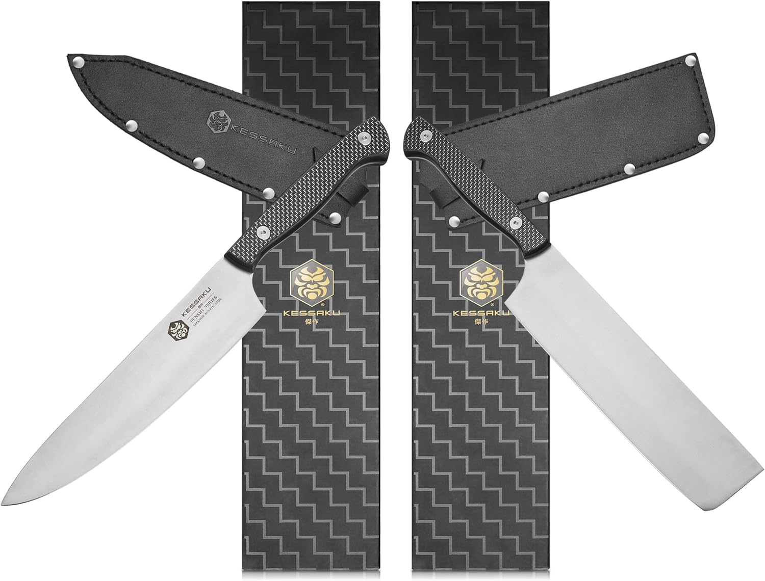 8-Inch Chef and 8-Inch Nakiri Vegetable Cleaver - Senshi Series Knife Set - Forged High Carbon Japanese AUS-8 Stainless Steel - Carbon Fiber G10 Handle with Blade Guards