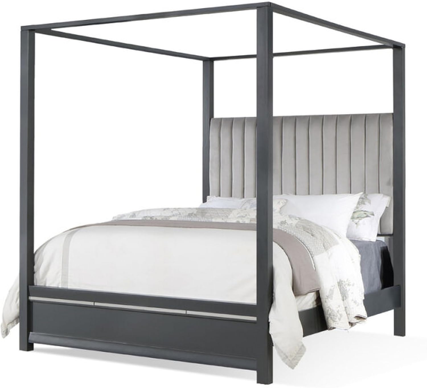 Benjara Abby Queen Canopy Bed, Mirrored Trim, Velvet Channel Tufted Upholstery, Gray and Black