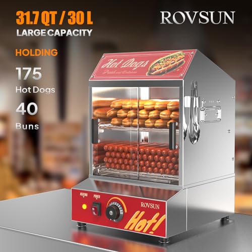 ROVSUN 42.3QT/40L Hot Dog Steamer, 2-Tier Hut Steamer Hot Dog Steamer with Bun Warmer Cooker 235 Hot Dogs & 50 Buns Capacity with Removable Shelves Food Clip for Party Event Concession Stand