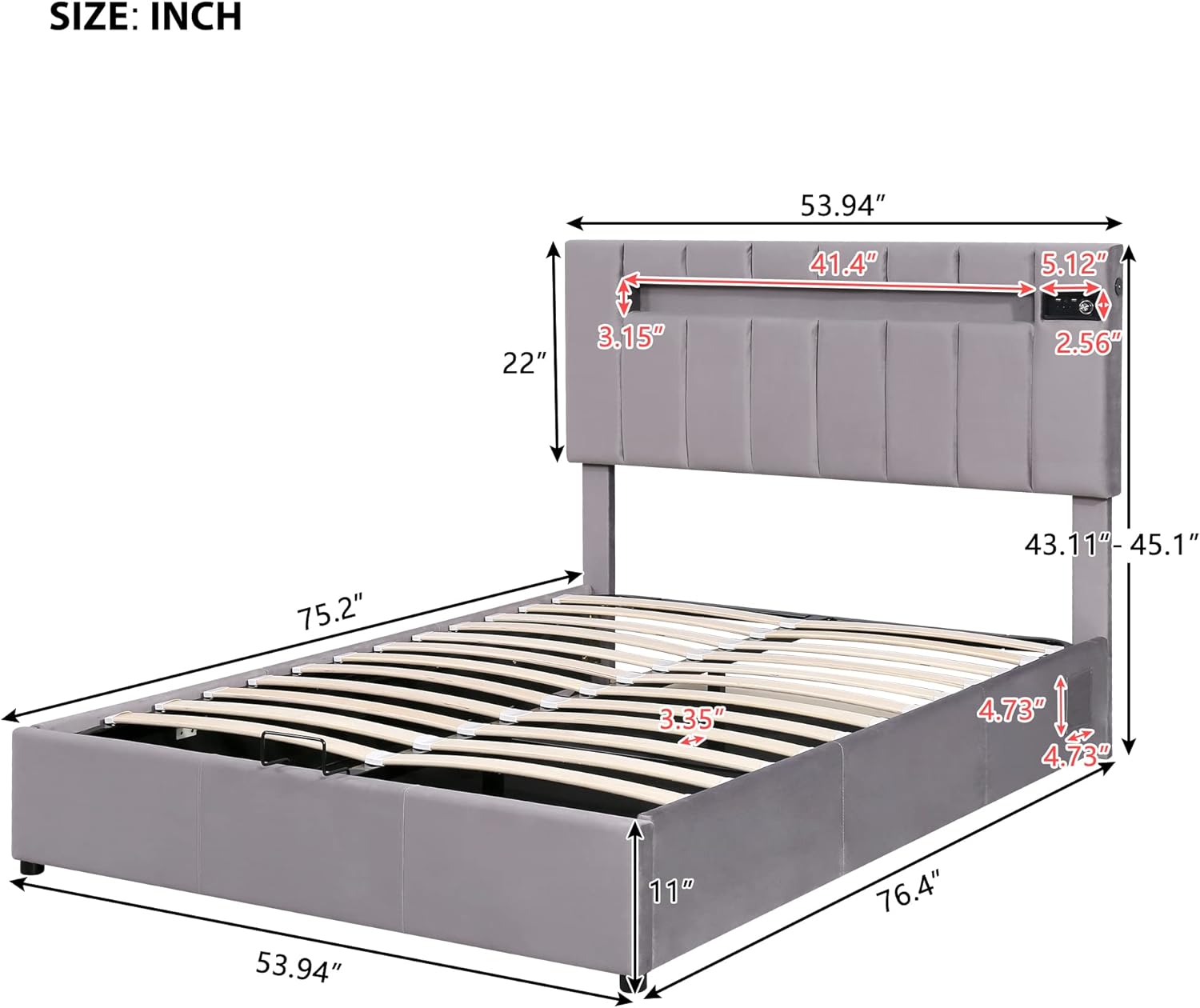 Merax Full Size Platform Bed, Upholstered Bed Full Size with LED Light, Bluetooth Player and USB Charging, Hydraulic Storage Bed in Velvet Fabric, Gray