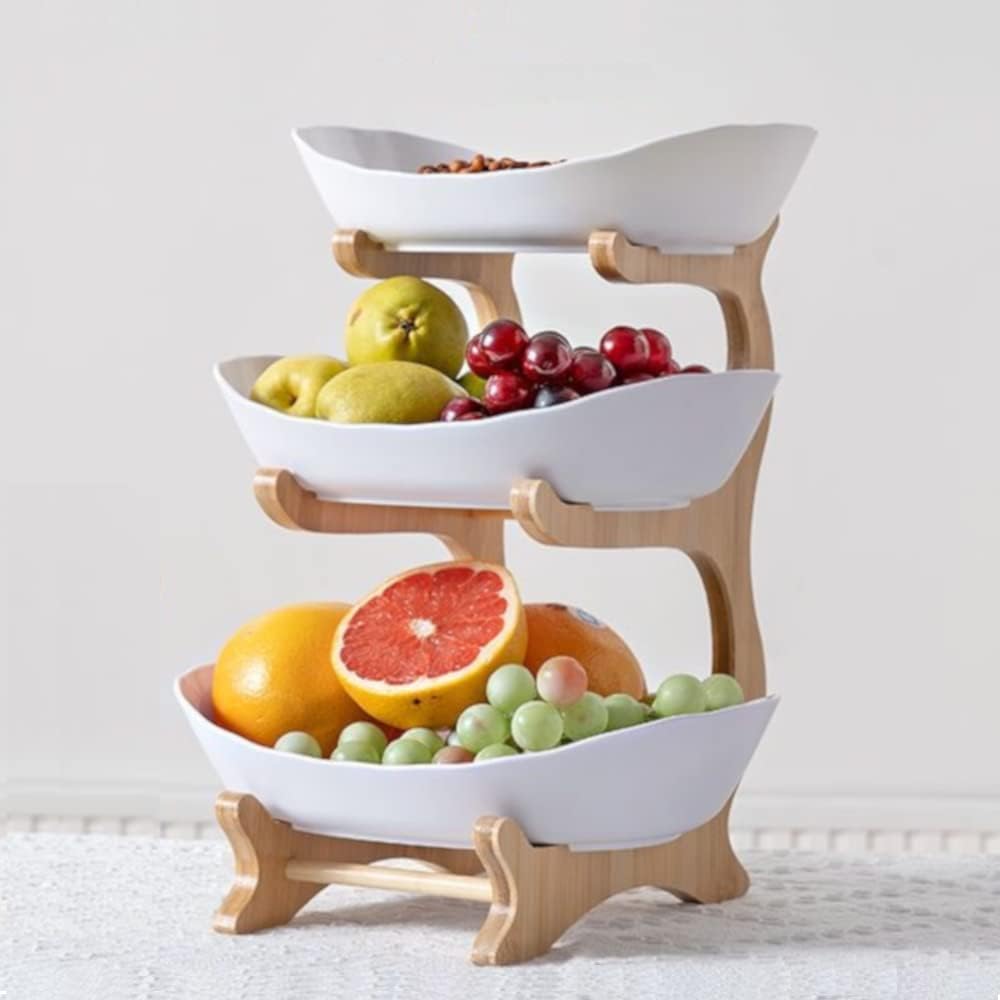 3 Tier Ceramic Fruit Bowl with Bamboo Wood Stand for Kitchen Counter, Fruit Bowl Basket with Holder Detachable Serving Tray, Dessert, Fruit,Cake, Candy Ceramic Storage Holder Set - White