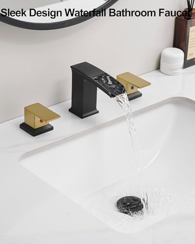 Bathroom Waterfall Faucet, Brass 4-16 Inch Brushed Nickel Faucet Bathroom Widespread 2 Handles Bathroom Sink Faucets 3 Hole with Hoses & Drain