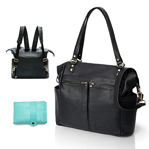 MOMINSIDE Diaper Bag Tote, Leather Diaper Bag Backpack with 14 Pockets, Convertible Baby Bag for Boys Girls, Baby Registry, Changing Pad, 4 Large Insulated Pockets(Brown)