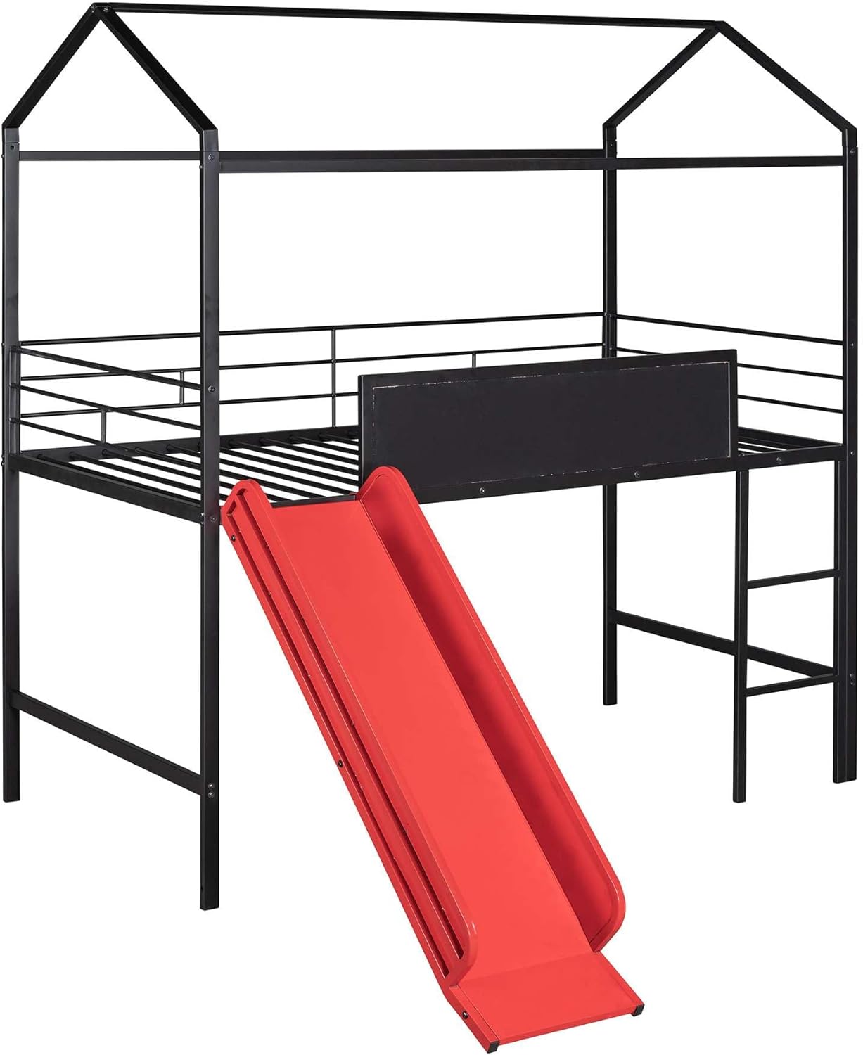 Adventure-Ready Twin Metal Loft Bed with Slide and Writable Wooden Boards in Black and Red - Create, Play, and Sleep in Style!