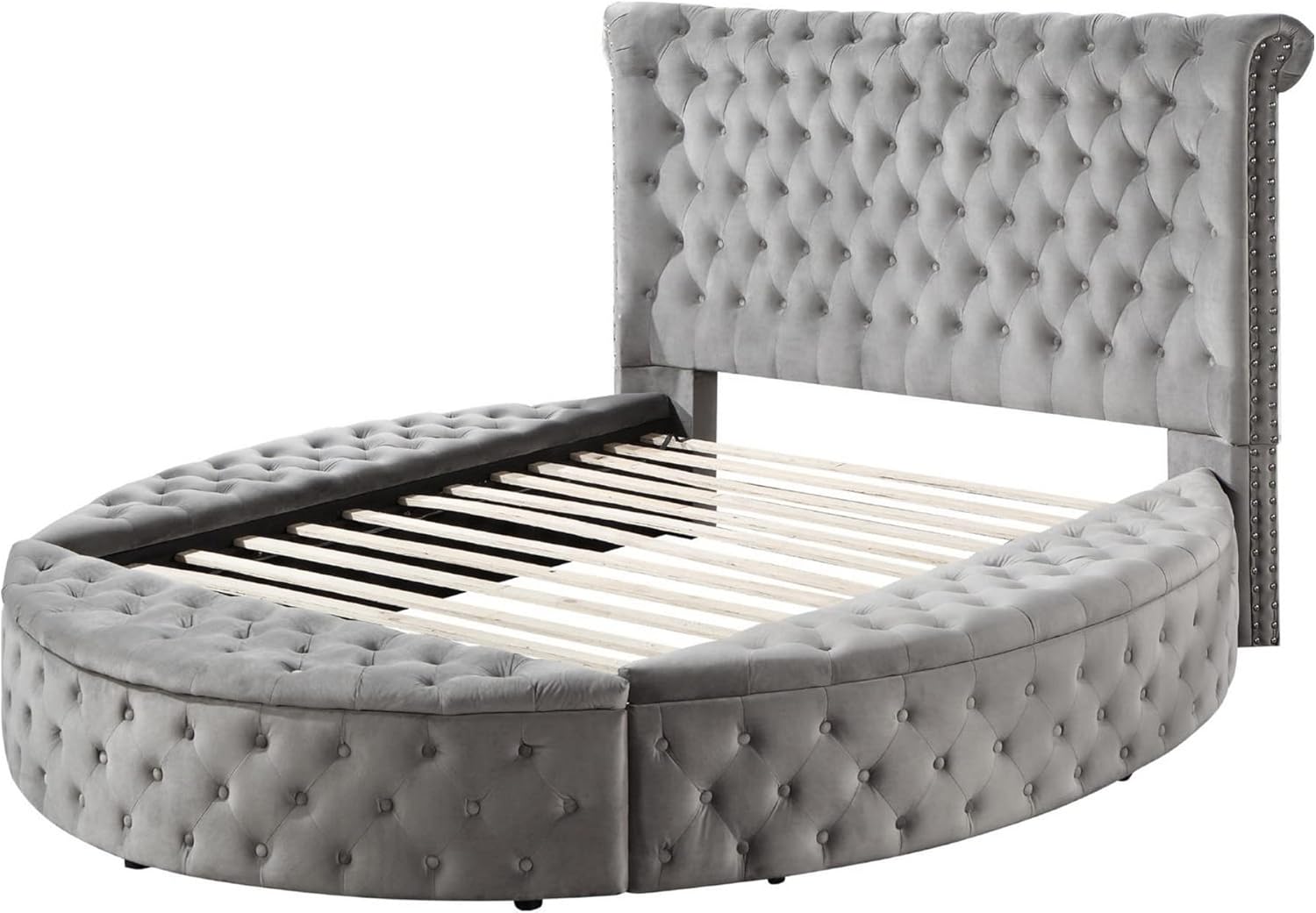 Benjara Luxury Queen Bed, Tall Rolled Headboard, Velvet Upholstered, Storage, Gray