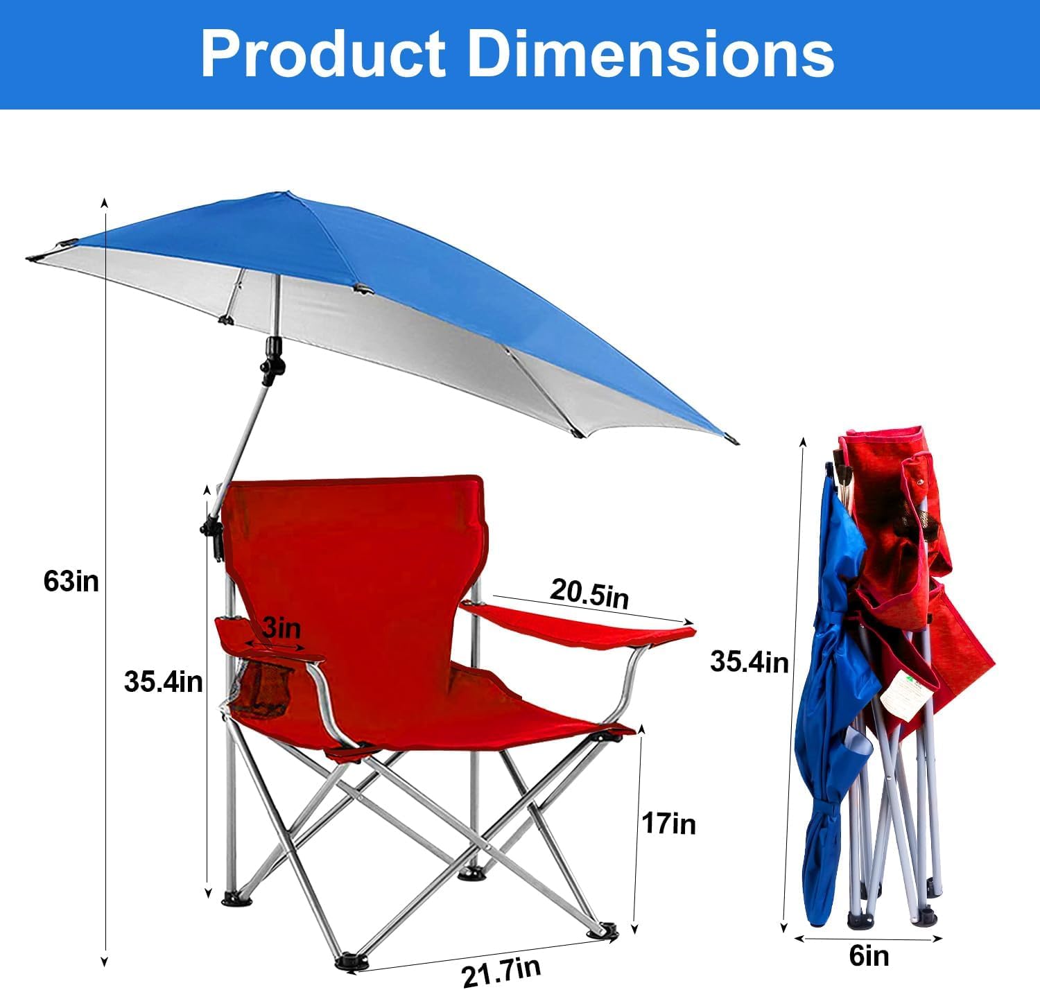 Beach Chair with Umbrella, Folding Beach Chairs for Adults with Canopy Shade, UPF 50+ Adjustable Heavy Duty Camping Lawn Chair with Cup Holder Carry Bag, for Outdoor Picnic BBQ Fishing (Red)