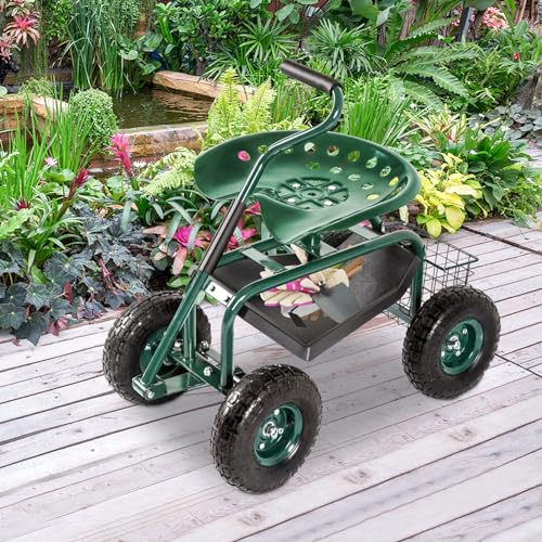 KINTNESS Garden Cart with Rolling Work Seat Tool Tray and Storage Basket on Wheels Heavy Duty Scooter Gardening Planting (Blue)