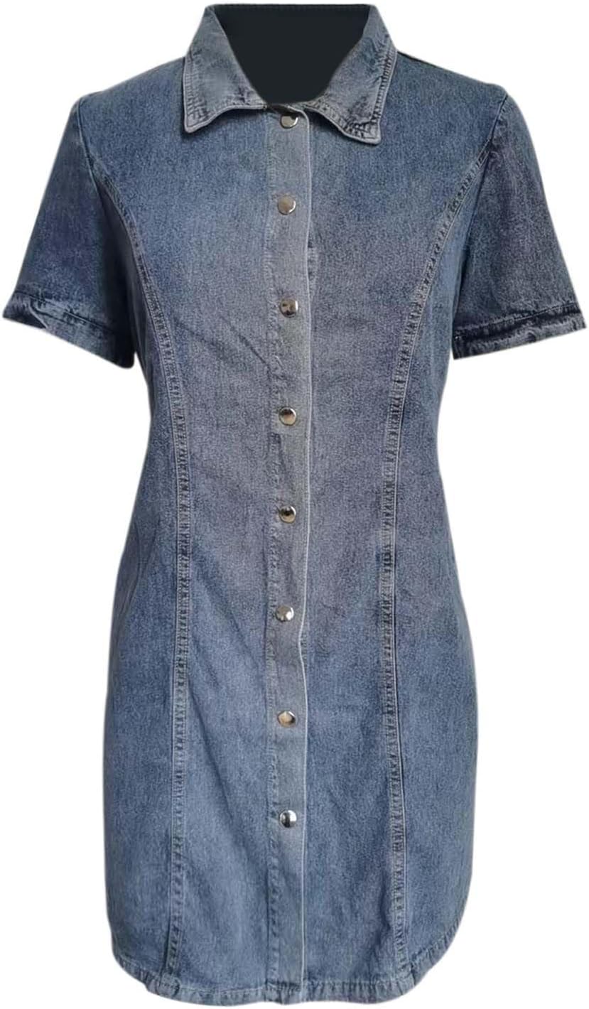 XJYIOEWT Plus Size Dresses for Curvy Women Maxi,Women's Chic Denim Dress with Snaps Notched and Elasticized Waist