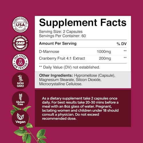 D Mannose with Cranberry Extract Capsules - D Mannose Capsules for Kidney Cleanse and Urinary Tract Health for Women - D-Mannose 1000mg Capsules Per Serving with Hibiscus & Dandelion (1 Month)