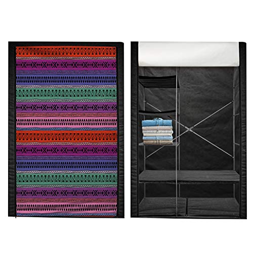 Ambesonne Asian Portable Fabric Wardrobe, Geometric Abstract Pattern on Horizontal Colorful Stripes Doodle Style Retro, Clothing Organizer and Storage Closet with Shelves, 59